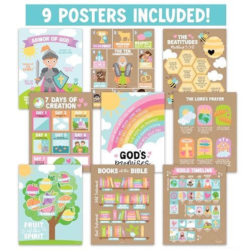 Hadley Designs Sunday School Decorations for Classroom –9 Bible Posters for Kids, Books of the Bible, 10 Commandments, Bible Timeline Chart, Fruits of the Spirit, Kraft Christian Classroom Decor — view 3