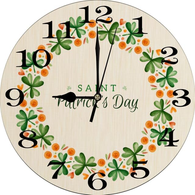 St. Patrick's Day Wall Clock St Patricks Day Wall Clock Spring Kitchen Decor Round Wall Clock 10 Inch Silent Non Ticking Battery Operated Wood Clock for Bedroom Bathroom Living Room