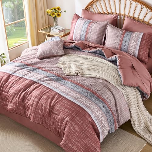 Image of Boho King Comforter Size Set, 8 Pieces Blush Pink Striped Texture Bed in a Bag Bedding Sets, Lightweight Soft Comforter and Sheet Set, All Season Microfiber Teen Boys Bedding Sets for Men Women