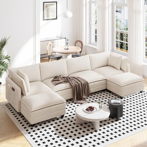 Image of Vesgantti 143 inch U Shaped Sectional Modular Couch, Comfy Corduroy Upholstered Modular Cloud Sofas for Living Room, Modern Sectional Sofa with 2 Ottoman Deep Seat, Beige
