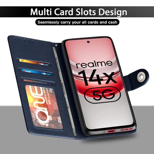 Image of Pikkme Flip Cover Leather Finish | Inside TPU with Card Pockets | Wallet Stand and Shock Proof | Complete Protection Button Flip Case for Realme Narzo 80x 5G / Realme P3x 5G / Realme 14X 5G (Blue)