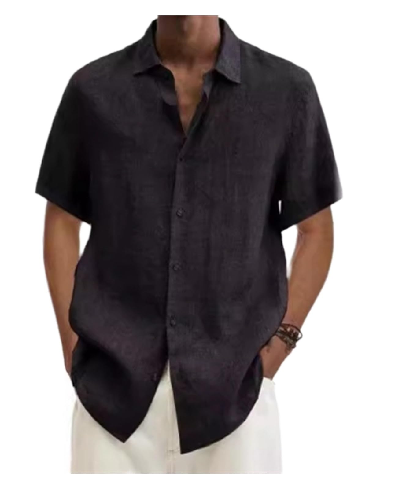 Chemise en lin homme à manches courtes décontractée noire XXL