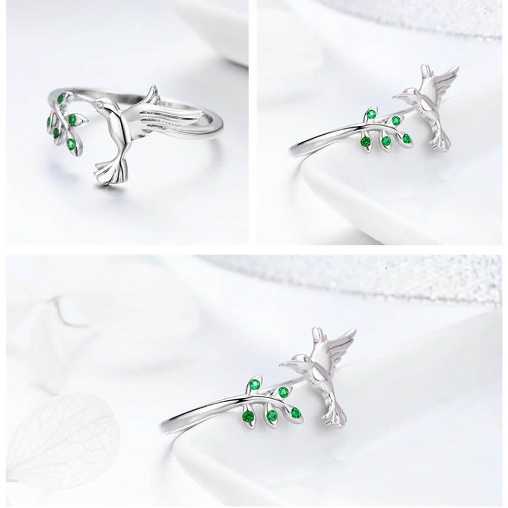 Bague ouverte en argent sterling S925 en forme de colibri avec cristal vert et zircone cubique réglable pour femme et fille