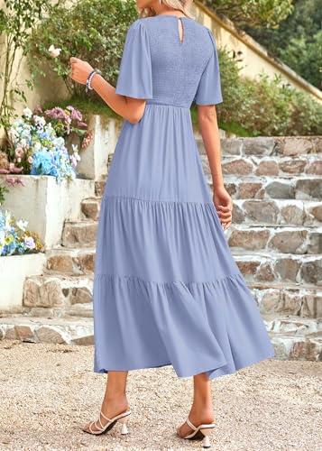 Image of KIRUNDO Summer Dresses for Women 2026 Spring Casual Flutter Short Sleeve Wedding Guest Smocked Flowy Tiered Aline Midi Dress