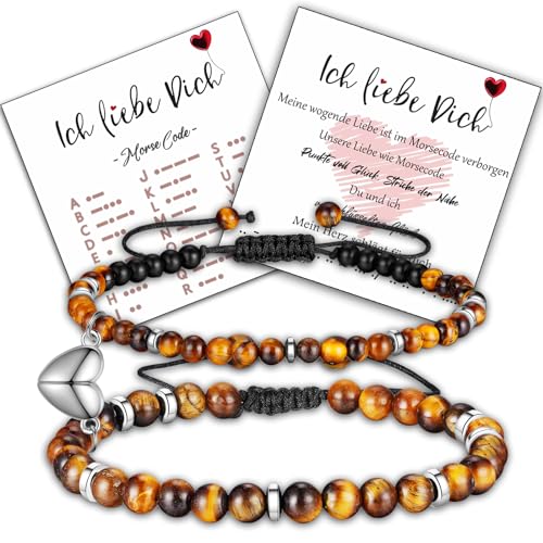 Jbniuay Pulseras para parejas – 2 pulseras de código Morse, pulsera para parejas con imán de corazón, par de pulseras, regalos para parejas, regalo para ella/hin