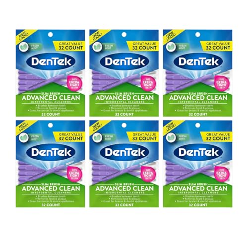 Image of DenTek Advanced Clean Slim Brush Interdental Cleaners, Extra Tight Between Teeth Brushes, Plaque Removal, Dental Picks for Oral Care, Fresh Mint Mouthwash Blast, 32 Count (Pack of 6)