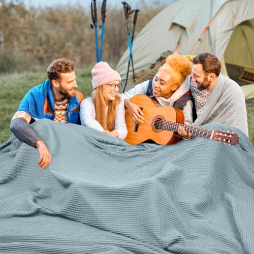 Image of PHF 100 Cotton Waffle Big Family Oversized Blanket, 120 inch X 120 inch, Dusty Blue | Pre-washed Natural Soft Cozy Lightweight Breathable, Textured Decorative Layer for Bed Guest Room, Machine Washable, Giftable
