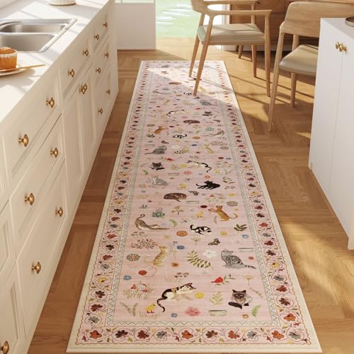 Runners for Kitchen Runner Rug Non Slip 2'x10' Long Washable Rugs with Rubber Backing Soft Floral Animal Cat Carpet Runner for Kitchen Laundry Bedroom Bathroom, Pink