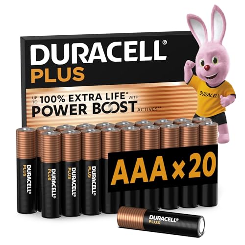 DURACELL Plus Pilas AAA (Paquete de 20) – Pilas alcalinas 1,5 V–hasta un 150% de duración Extra con Activos Power Boost–Fiabilidad para Dispositivos cotidianos–Envase con 0% de plástico–MN2400