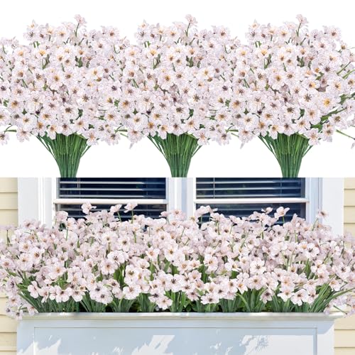 Image of Bassion 24 Bundles Artificial Flowers for Outdoors Decorations, White | UV resistant, silk fake flowers, realistic faux plants, outside planter window box porch garden home decoration