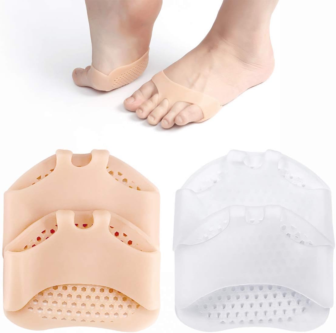Ball of Foot Pads - Metatarsal Cushions - Soft Gel Silicone Forefoot Pads for Pain Relief 2 Pairs Skin and White