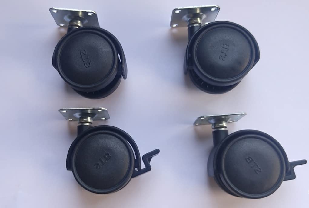 SUKONI Heavy Duty Plate Type Twin Castor Wheels, 360° Swivel, 2 Break + 2 Without Break, Black, Polypropylene Plastic, 180kg Load Capacity, 4 Count, Office & Household, Industrial Casters