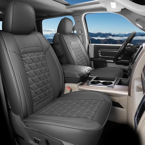 Image of Coverado Leather Car Seat Covers, Waterproof Dooge Ram 1500 Seat Covers Compatible with 2002-2026 Dodge Ram 1500 2500 3500 with Flat Bench (Full Set, Dark Gray)