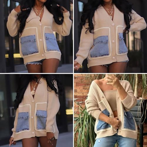 Image of FindThy Women's Casual Button Up Cardigan Oversized Long Sleeve Jean Patchwork Sweater Cardigans