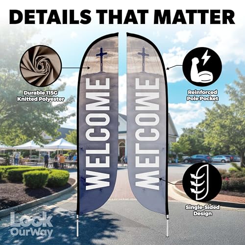 Image of LookOurWay Feather Flag Set, 12 ft Advertising Flag with Fiberglass Poles and Ground Spike for Business Promotion, Church Theme (Welcome)