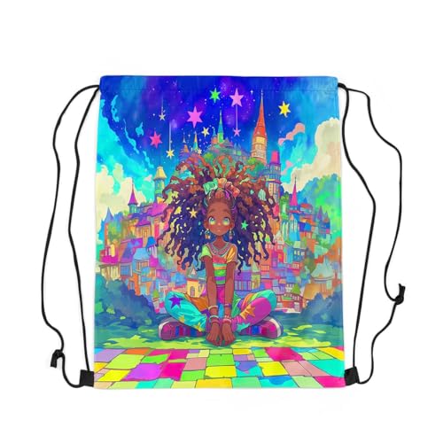 Image of jejeloiu Cute Black Drawstring Backpack 13x15.7inch African American Waterproof Gym Drawstring Bags Star Print Sports String Backpack Beach Swim Travel Bag Sackpack（No Gl