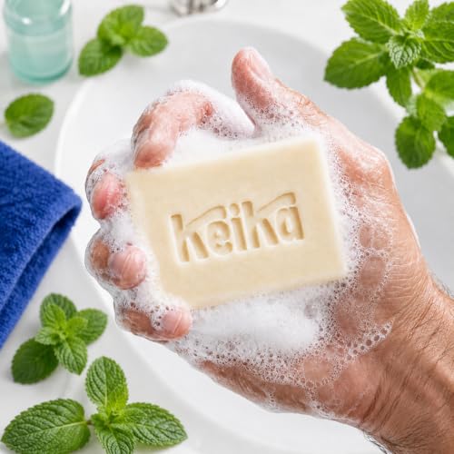 Image of Keika Peppermint Soap Bar for Face & Body, Natural Cooling Spa Bath & Shower Cleanser, 5 oz.