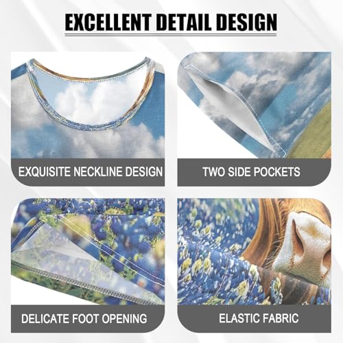 ALAZA Highland Cow Blue Flower Pajamas Set Short Sleeve Cotton Sleepwear Summer Pjs 2 Piece 5-14Y4