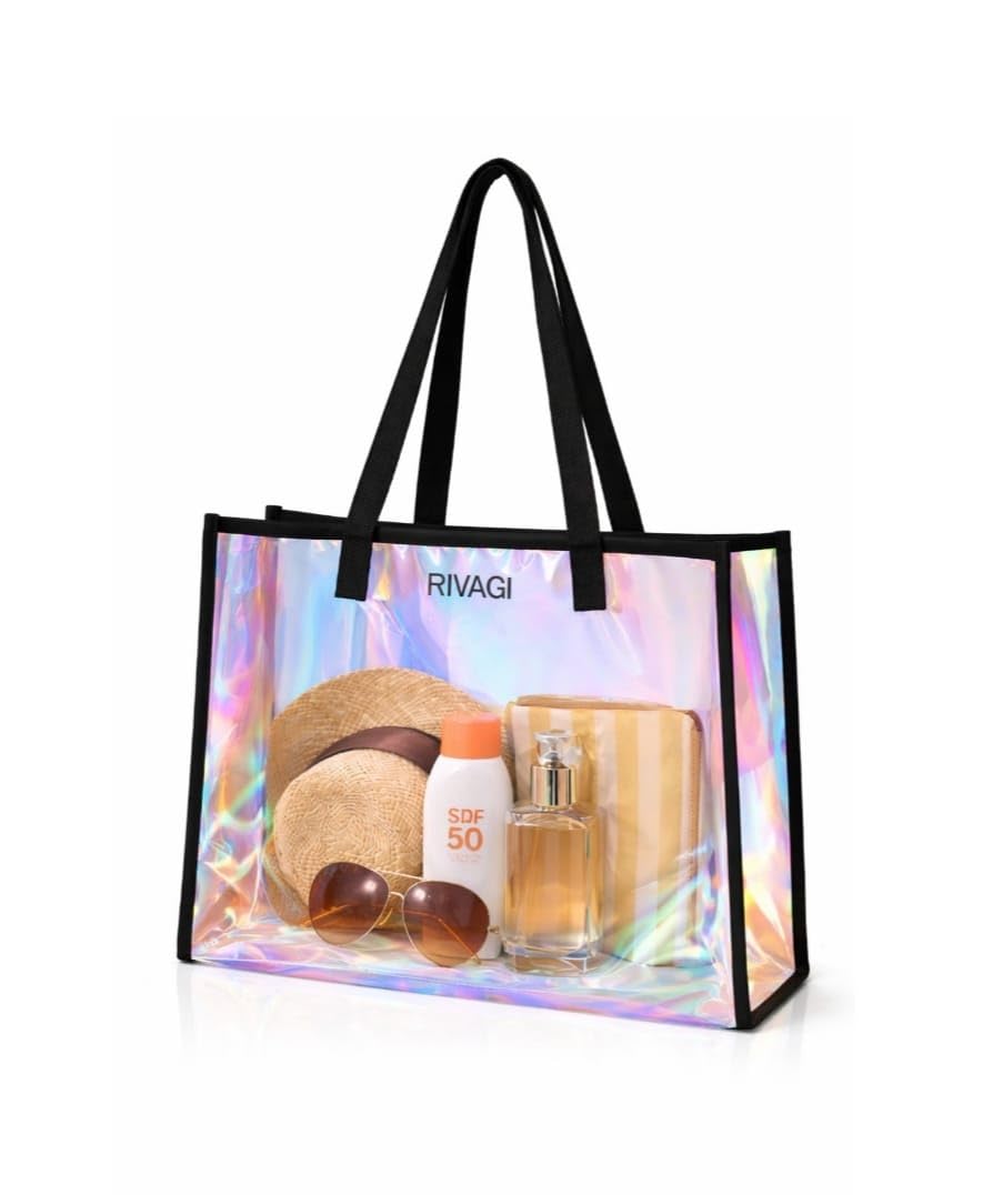 rivagi Beach Bag Transparent, Clear Tote Bag with Black Handles, Holographic Rainbow Design-picture-46