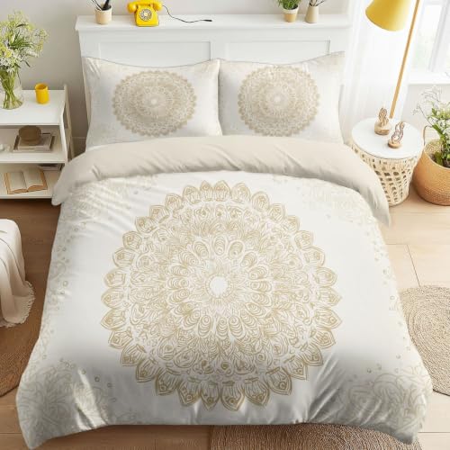 Juego de ropa de cama de 200 x 200 cm, color beige, resistente a la decoloración, moderno, bohemio, abstracto, calidad de hotel, pétalos, mandala, fácil cuidado, para adultos