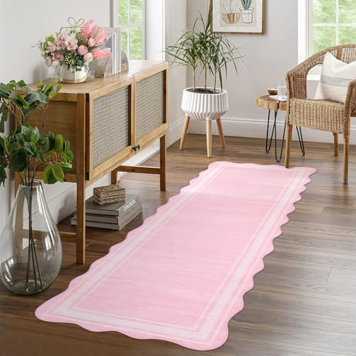 GarveeHome Washable 2x6 Runner Rug for Entryway,Scalloped Bathrooom Rugs Stain-Resistant Easy-Clean Kitchen Rugs with Non-Slip Backing Low Pile Floor Mat Perfect for High-Traffic Areas,Pink
