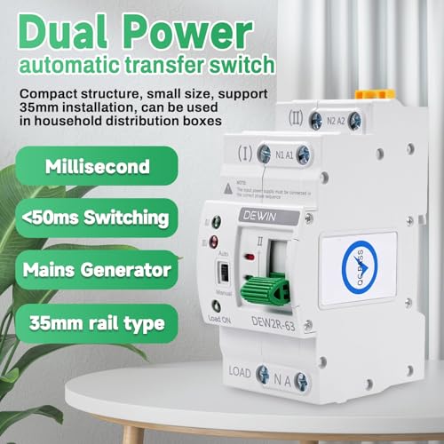 DEWIN Automatischer Transferschalter, Transferschalter Hutschiene ATS Dual Power Automatic Transfer Switch Elektrische Wahlschalter 2P 63A 220V