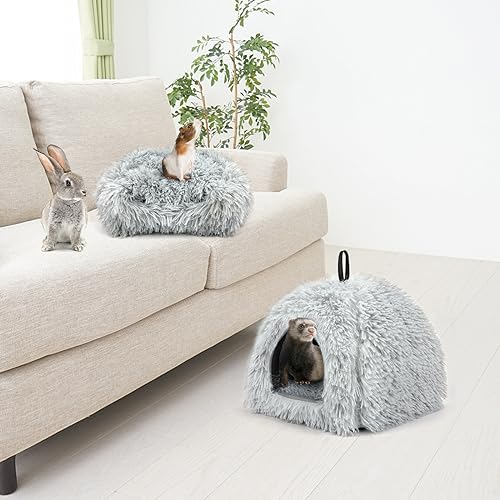 Sbayool Plüsch Kaninchen Bett, Bequem Warme Häschen Höhlenbetten, Kaninchen Haus Mit Bewegliches Pad, Geeignetes Kaninchenversteck Für Kleintiere Wie Meerschweinchen, Frettchen Und Chinchillas,Grau