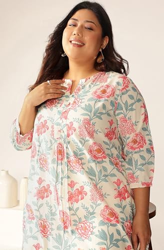 Image of Janasya Women's Plus Size Off White Pure Cotton Floral A-Line Tunic