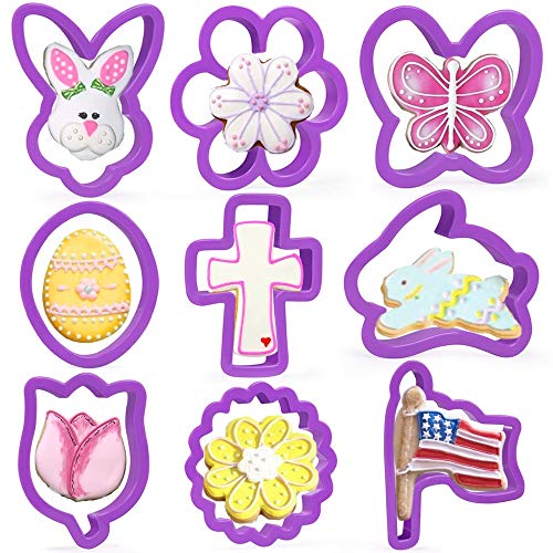 KAISHANE Easter Cookie Cutters Set - 9 Piece Plastic Easter Biscuit Cutters Egg Bunny FlowerCross lily Flag Bunny Face and Butterfly