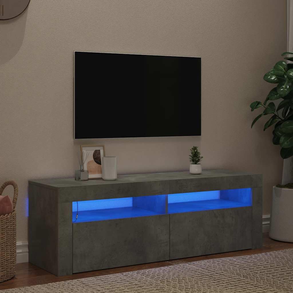 Szafka pod telewizor z oświetleniem LED, betonowa szara, 120 x 35 x 40 cm, nowoczesna szafka pod telewizor do salonu, wytrzymała podstawka pod telewizor, konsola multimedialna