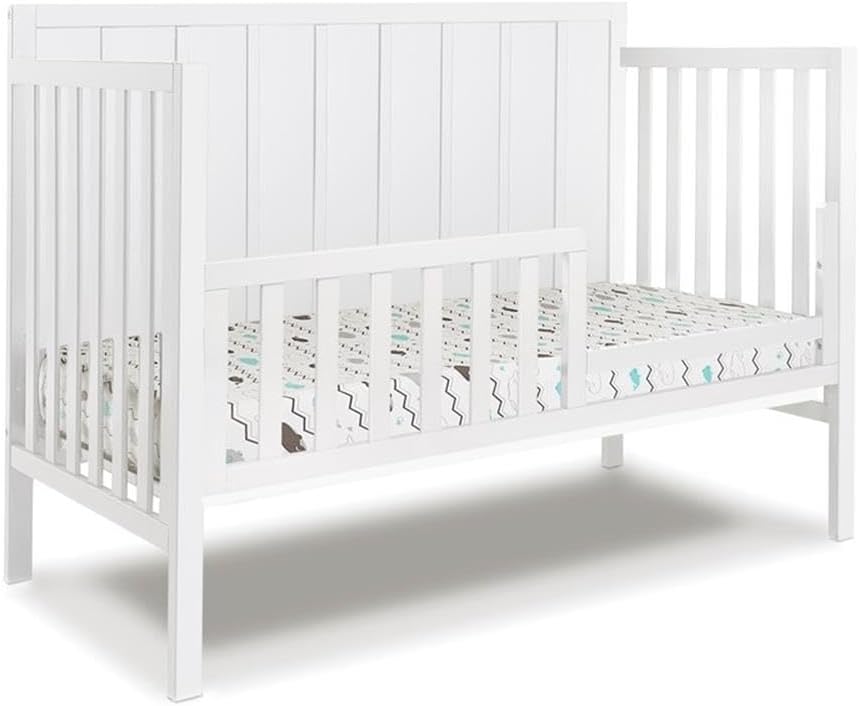Pemberly Row 4-in-1 Convertible Crib, 54" W x 29" D x 40" H, New Zealand Pine Wood, White Finish, Adjustable Mattress Heights, Modern Farmhouse Style, Converts to Toddler, Day, Full-Size Bed