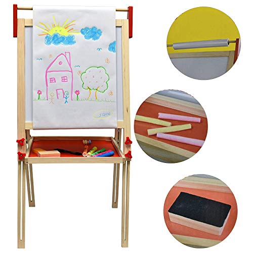 Deluxe Standing Art Easel - Dry-Erase Board, Chalkboard, Paper Roller,Magnetic Whiteboard, Includes Paper Roll, and Accessories,The Ultimate All-in-One Wooden Kid's Art Easel, Young Artist Easel