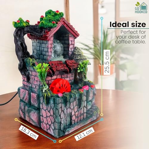 Image of Go Hooked Polyresin Waterfall Fountain with LED Lights & Adjustable Speed Control for Living Room, Bedroom & Office 25.5 Cm | Stress Relief & Positive Energy Decor | Tabletop Water Fountain (GHF313)