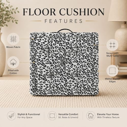 Image of Woven Quilted Floor Cushion 60x60x10cm White and Black Animal with Cotton Filler Large Size for Seating, Patio Seat, Meditation, Yoga, Pooja, Guests, Living Room, Bedroom - 24x24x4 Inch