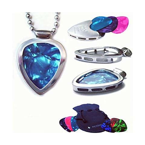 PICKBAY Guitar Pick Holder Pendant Necklace (Stainless Steel) & 6 Bright Jewel-tone Guitar Picks Set Cover