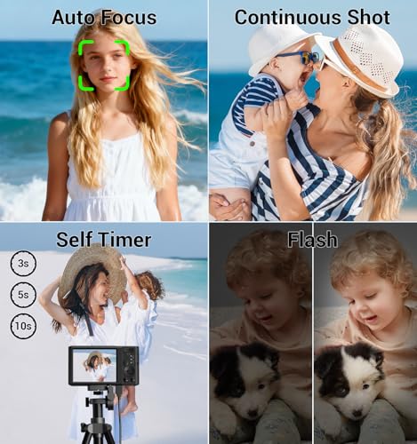 Image of Digital Camera 4K, Autofocus Digital Compact Digital Camera,16X Digital Zoom Upgraded Travel Camera with 64GB SD Card,2 Batteries,Small Camera for Teens Kids Boys Girls,Black