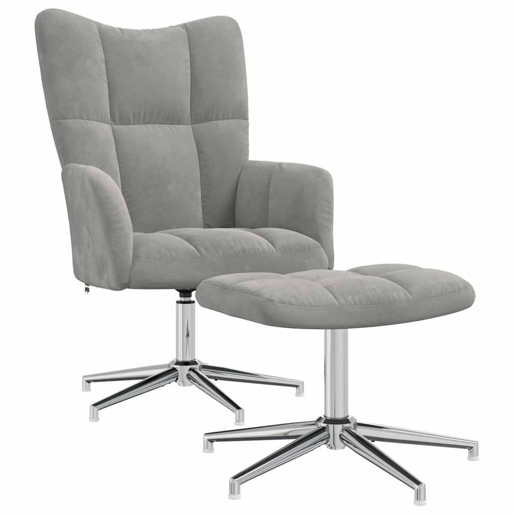 Sillón de relajación con taburete, terciopelo, gris claro, 62 x 68 x 98 cm, diseño cuadrado moderno, giratorio de 360°, cómodo sillón de lectura para salón, dormitorio, oficina