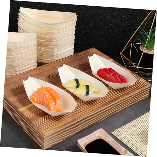 HYTROVE 100個 使い捨て木製スナックボート 耐久性と衛生的な食品トレイ 小型寿司皿 多目的使い可能
