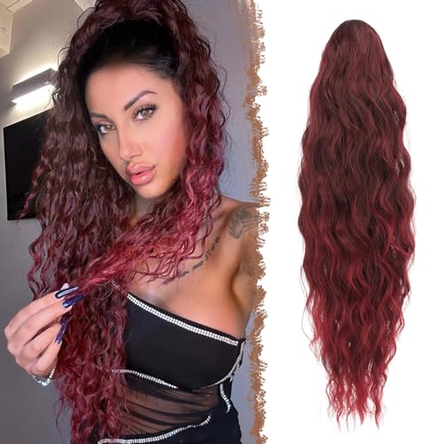 FESHFEN Long Curly Wavy Drawstring Ponytail Extensions Clip in Wavy Synthetic Hairpieces Black and Burgundy Tips Drawstring Ponytail Curly Hair Piece Pony Tail Extension for Women 26 inch
