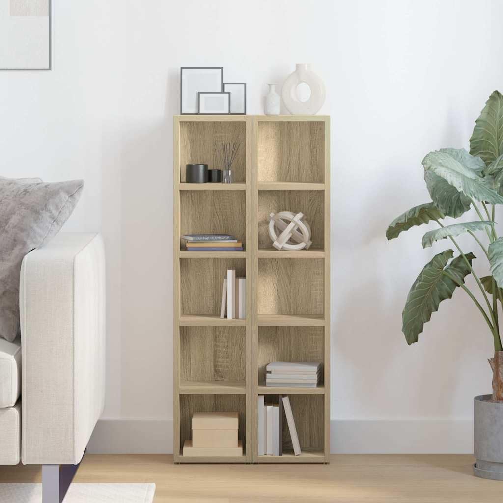 2 scaffali per CD, in rovere Sonoma, 21 x 16 x 93,5 cm, design sottile con 5 scomparti, per CD, DVD, Blu-ray, organizzazione salvaspazio, soggiorno, ufficio