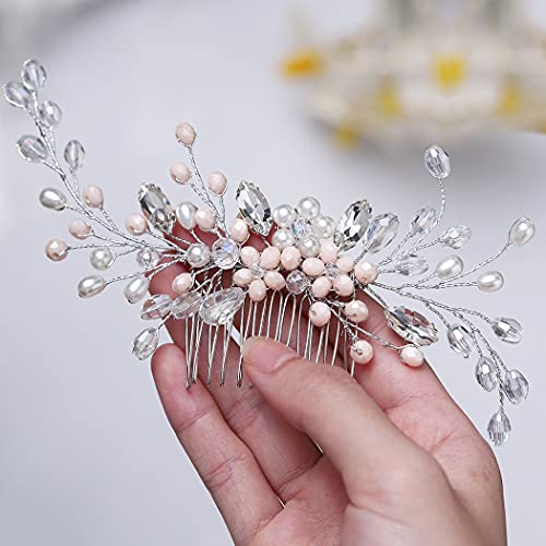Catery Rhinestones Bride Wedding Hair Comb Silver Pearl Bridal Hair Pieces Pink Opal Beaded Side Combs Bridal Hair Accessories For Women And Girls #TOP2