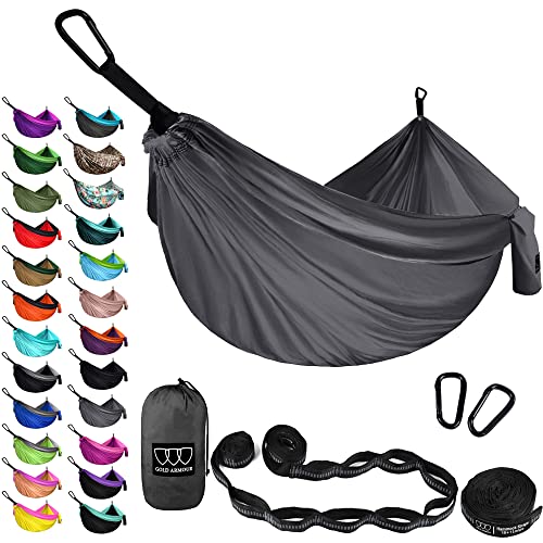 Gold Armour Camping Hammock – Extra Large Double Parachute Hammock (2 Tree Straps 16 Loops,10 ft Included) USA Brand Lightweight Nylon Mens Womens Kids, Camping Accessories Gear (Gray/Gray)