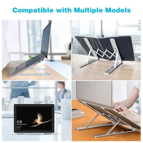 Image of Atevon Foldable Aluminum Laptop Stand - 6-Level Adjustable Riser for 10-15.6 MacBook, Notebooks & Tablets | Portable Holder for Desk, Office, Reading (Silver)