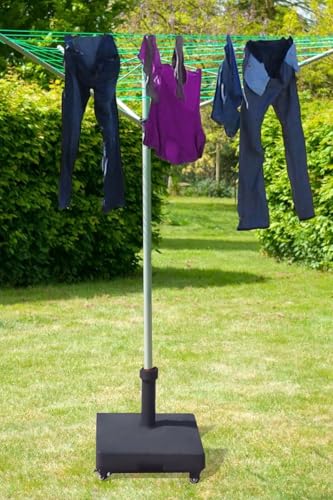 Portable Washing Line Holder with 2X Lockable Wheels Heavy Duty 27kg Base Fits 3248mm Poles Fill with Sand Water or Cement Durable Resin Matt Black For Washing Lines or Parasols