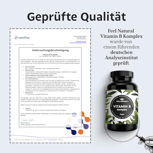 Vitamin B Komplex hochdosiert - Alle 8 B-Vitamine (B1, B2, B3, B5, B6, B7, B9, B12) - 500µg Vitamin B12 - bio-aktive Vitamin B-Formen - laborgeprüft, in Deutschland produziert - 180 vegane Kapseln