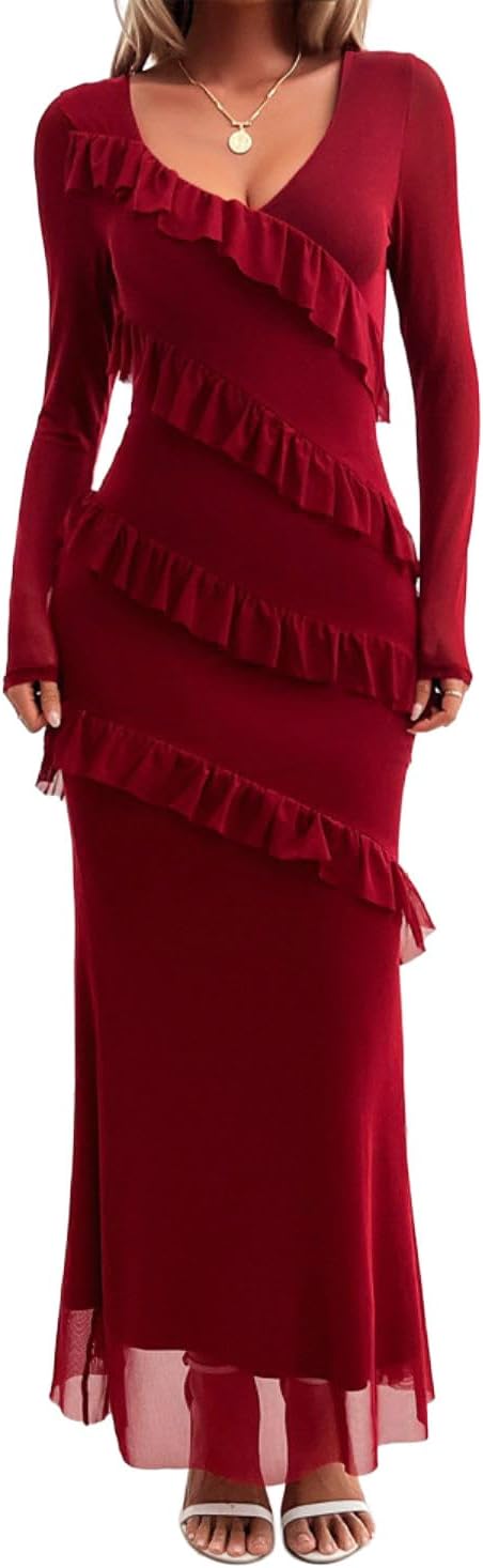 Womens Long Sleeve Mesh Bodycon Dress 2025 Fall Wedding Guest Cocktail Maxi Dresses - Image 4