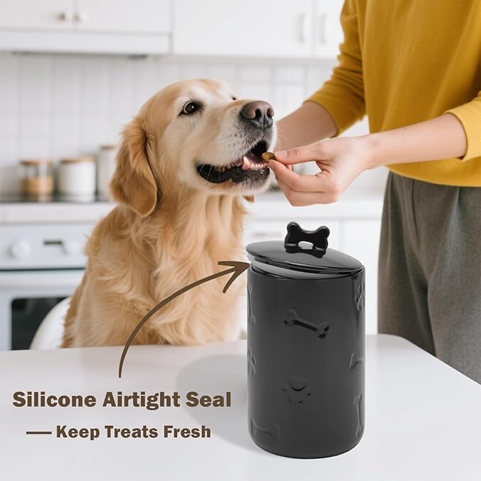 Contenitore ermetico per cani, 22,9 x 12,7 cm, grande barattolo in ceramica per bancone della cucina, barattolo bianco per biscotti con coperchio, stile fattoria, per cani e gatti (nero)