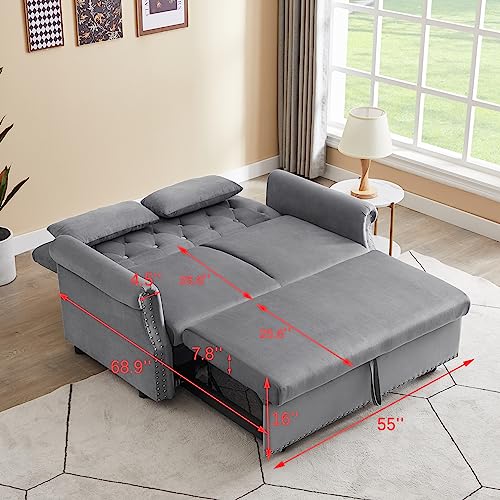 3 in 1 Convertible Sofa Bed with 2 Lumbar Pillows, Velvet Upholstered Sleeper Recliner Sofa Couch with Detachable Armrest, Multifunctional Pull Out Couch for Living Room, Bedroom, Office, Gray