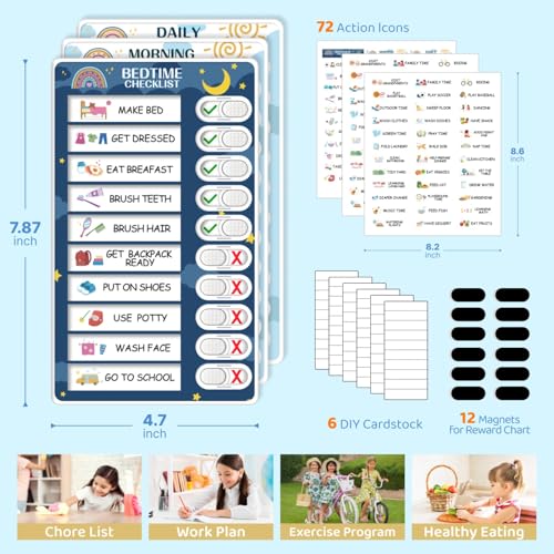 Image of CustomMaster 3 in 1 Bedtime /Morning /Daily Routine Chart for Kids, Magnetic Chore Chart for Kids, Visual Schedule for Kids Toddlers for To Do List