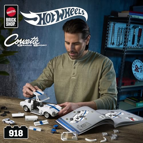 Mattel Brick Shop Hot Wheels Coffret de Construction Corvette Grand Sport, série Elite,918 pièces, pour Les collectionneurs, JGR31, Blanche